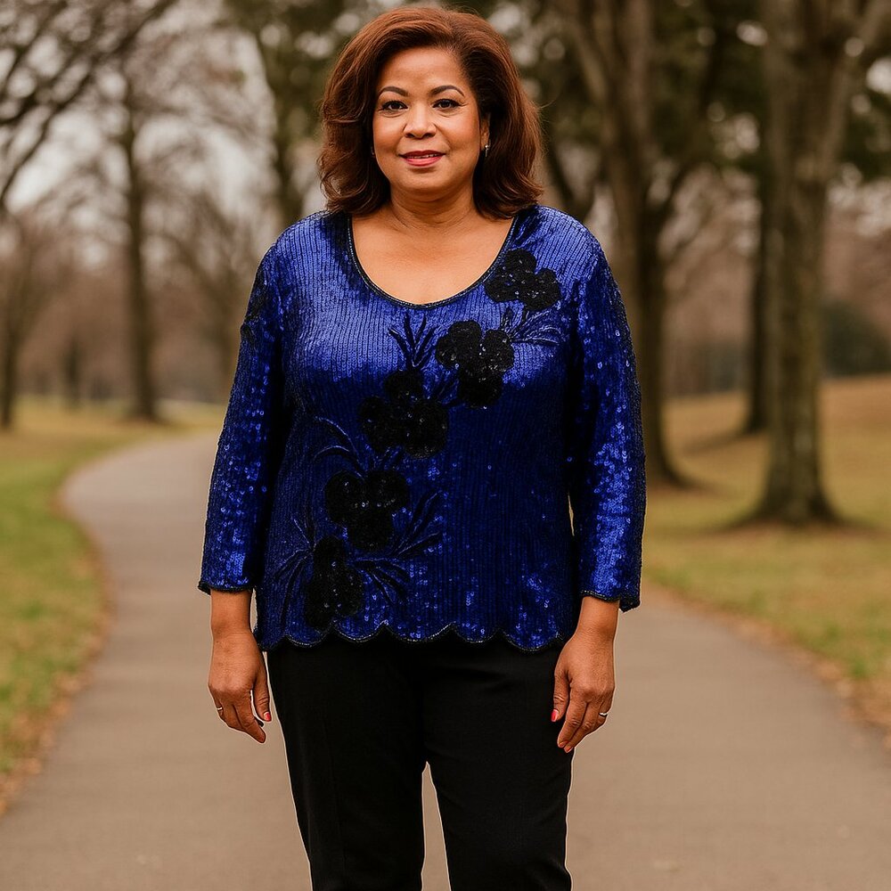 VTG Royal Feelings 100%‎ Silk PURPLE 3X Beaded Floral Sequins Top Ethereal Artsy